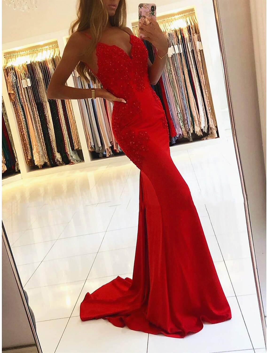 Mermaid / Trumpet Prom Dresses Open Back Dress Formal Prom Court Train Sleeveless V Neck Stretch Fabric Backless with Appliques