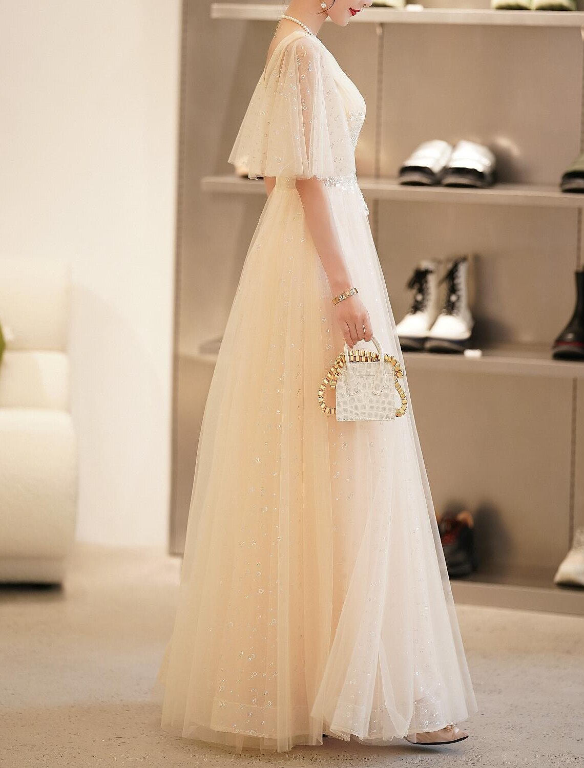 A-Line Prom Dresses Elegant Dress Wedding Guest Prom Floor Length Half Sleeve V Neck Satin with Beading Appliques