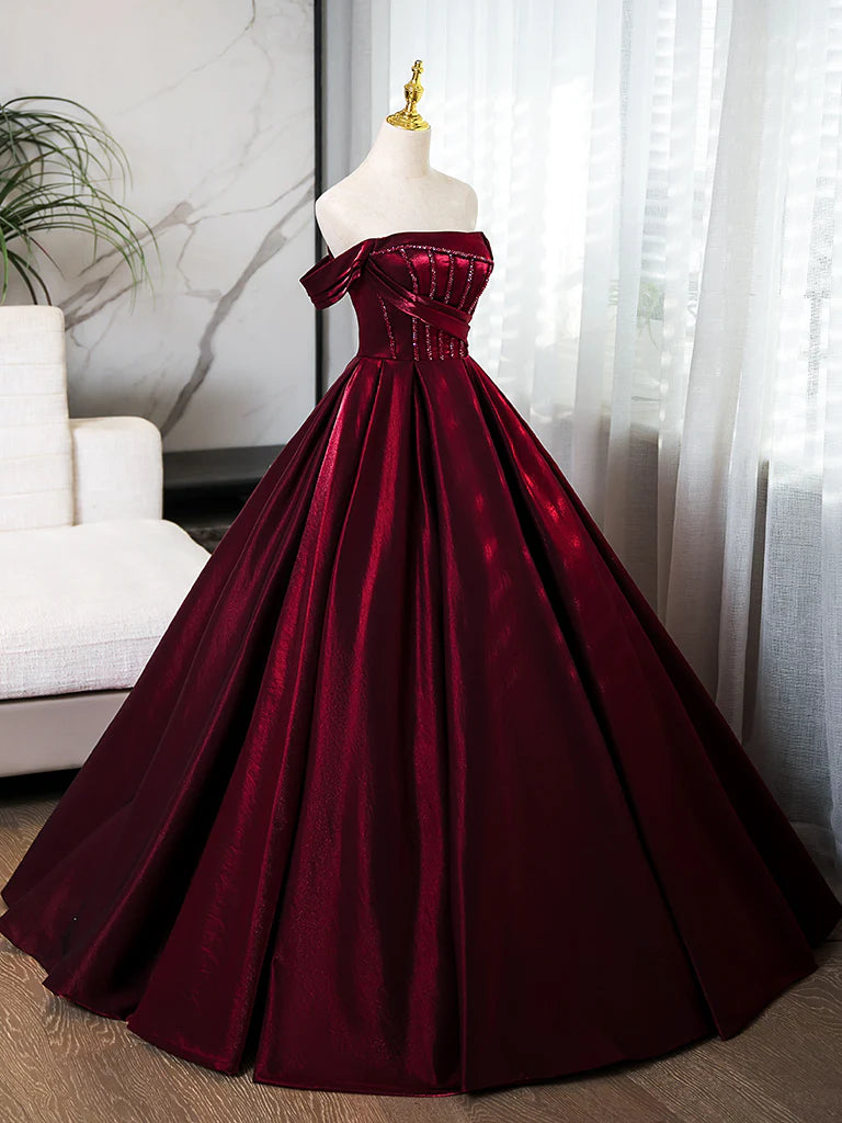 Buyishang A-Line off Shoulder Satin Burgundy Long Prom Dress Burgundy Evening Dress with Beads