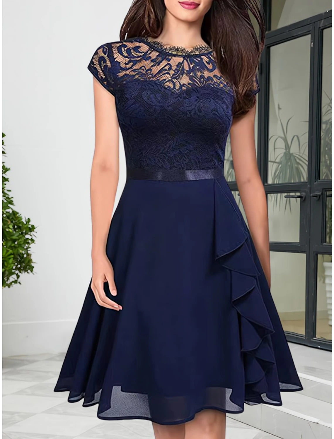 Women's Party Dress Black Dress Lace Dress Wedding Guest Dress Midi Dress Pink Wine Short Sleeve Pure Color Lace Spring Fall Winter Crew Neck Fashion Winter Dress