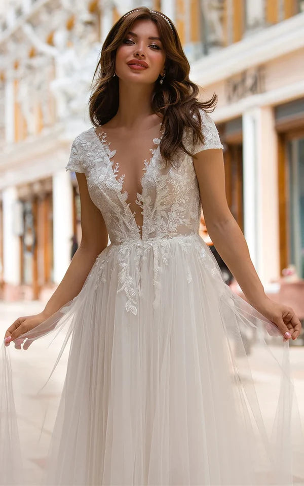 Buyishang Sexy A Line Plunging Neckline Tulle Sweep Train Wedding Dress with Appliques