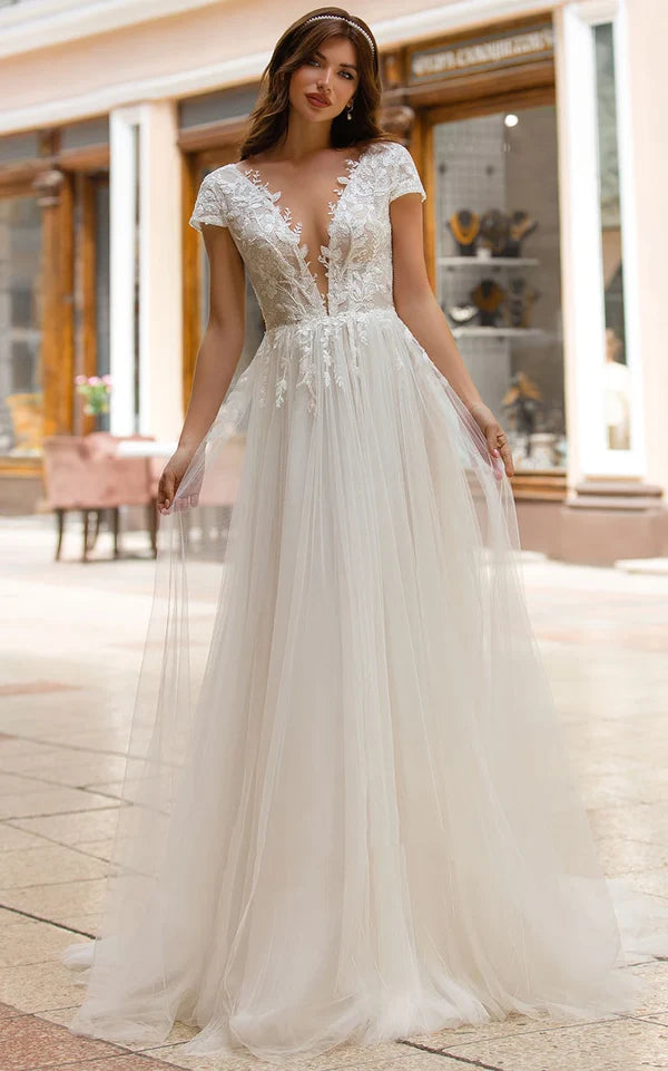 Buyishang Sexy A Line Plunging Neckline Tulle Sweep Train Wedding Dress with Appliques