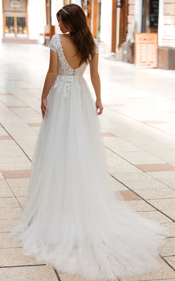 Buyishang Sexy A Line Plunging Neckline Tulle Sweep Train Wedding Dress with Appliques