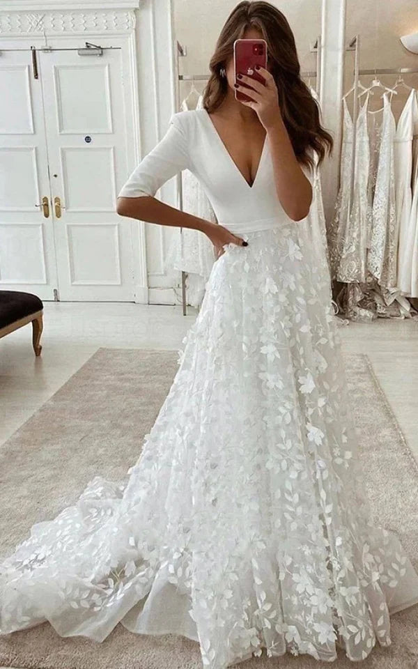 Buyishang Sexy Floral A-Line Boho Lace Sleeved Long Wedding Dress with Sweep Train