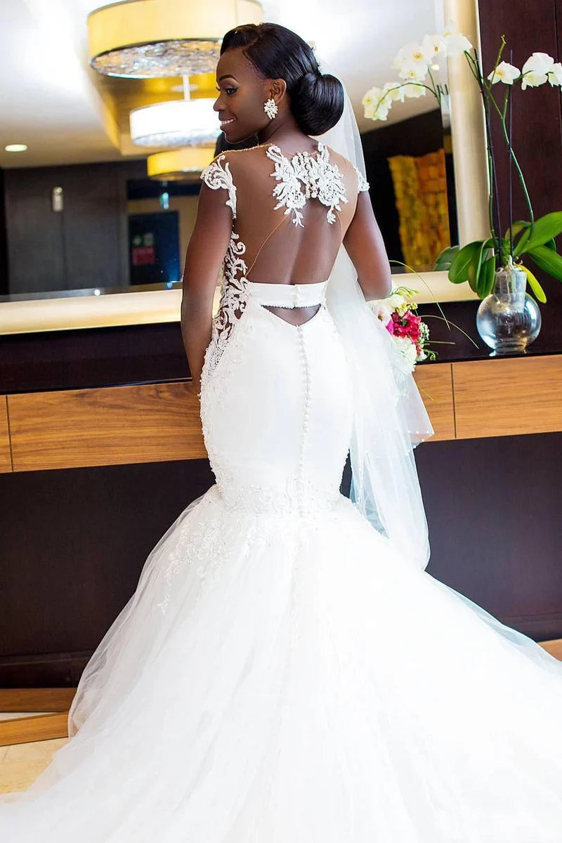 Buyishang Sexy Mermaid Lace and Tulle Appliqued Cap Sleeve Bridal Gown