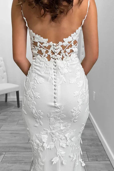 Buyishang Sexy Satin V-Neck Spaghetti Straps Illusion Lace Applique With Lace Train Wedding Dress