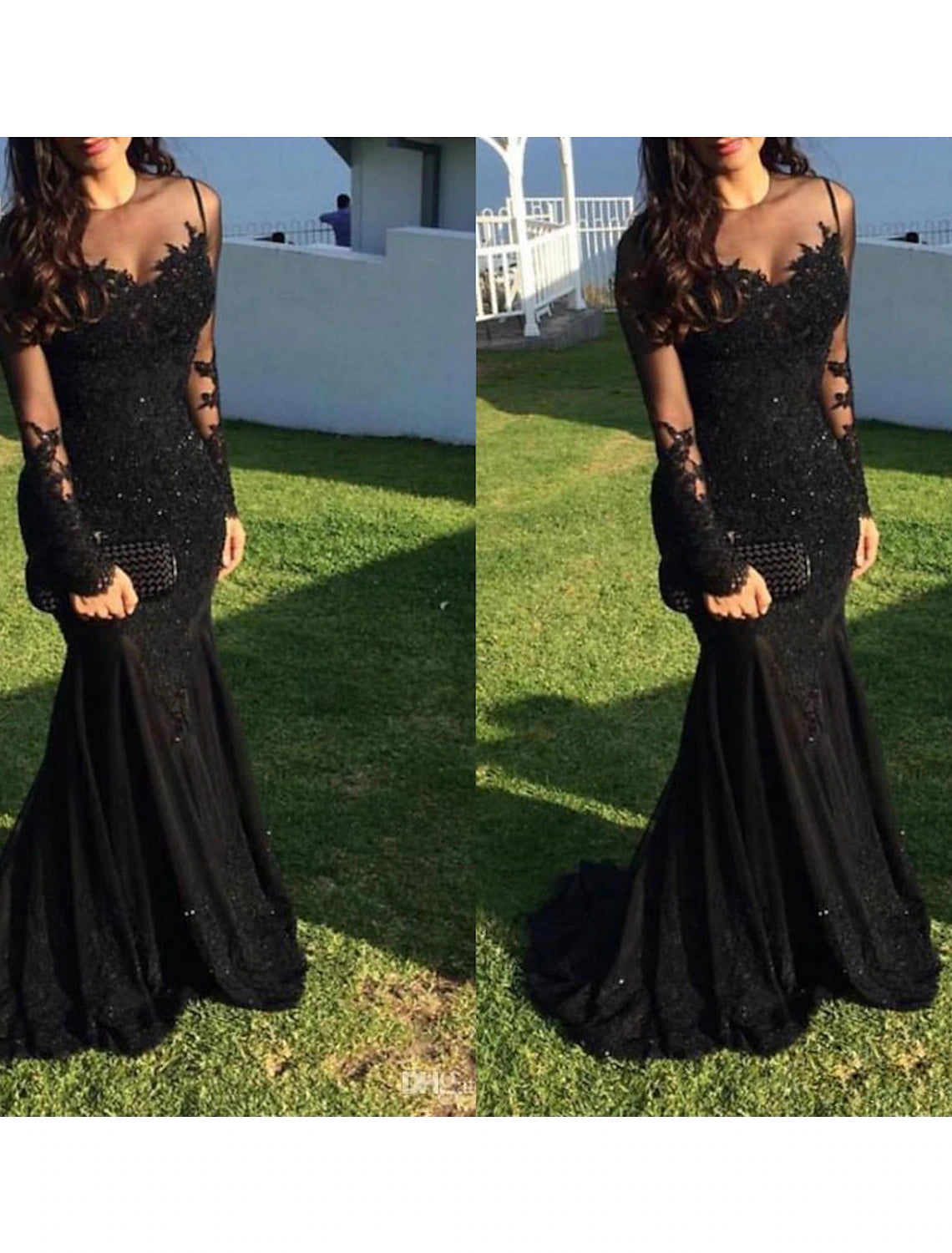 Mermaid Black Dress Evening Gown Sequin Prom Dress Sparkle Formal Gown Sweep / Brush Train Long Sleeve Illusion Neck Lace with Appliques