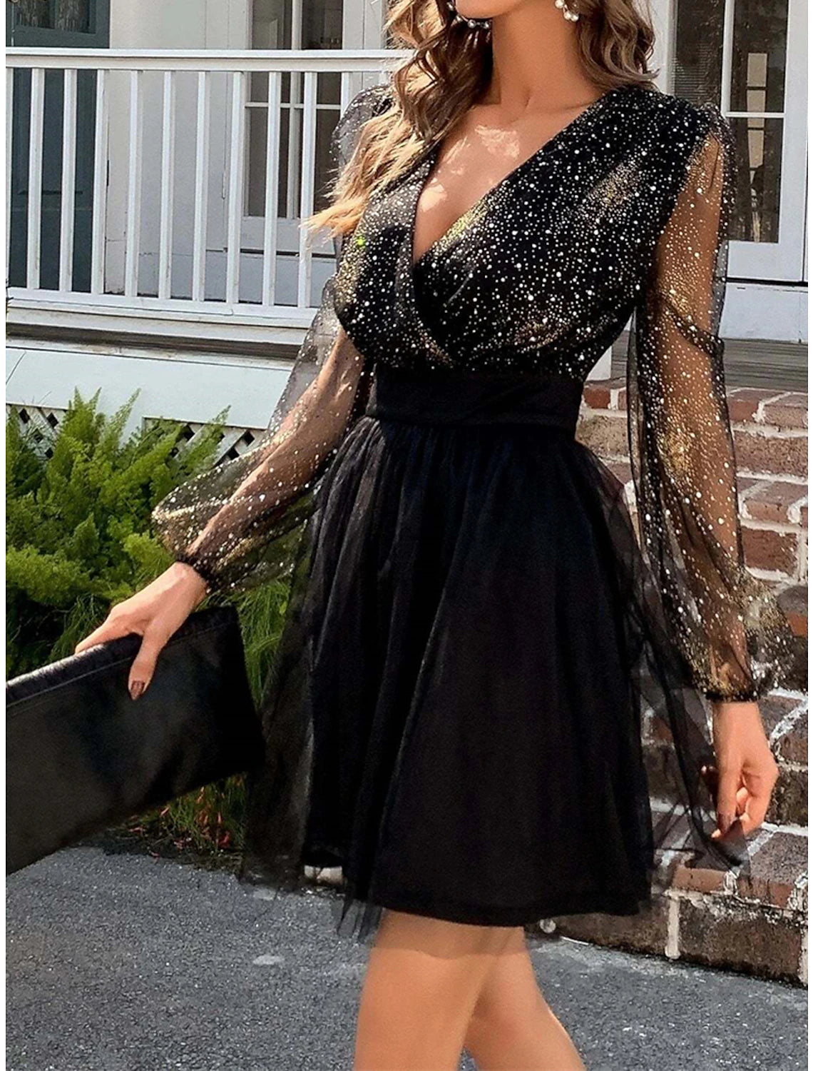 Women‘s Little Black Dress Sexy Dress Party Dress Homecoming Dress Mini Dress Long Sleeve Color Block Ruched Fall Winter V Neck Fashion Winter Dress Black Cocktail Dress