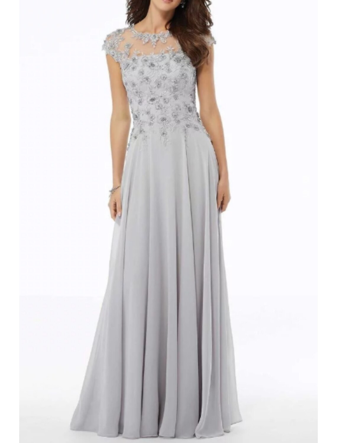 A-Line Mother of the Bride Dress Elegant Jewel Neck Floor Length Chiffon Tulle Short Sleeve with Embroidery Appliques
