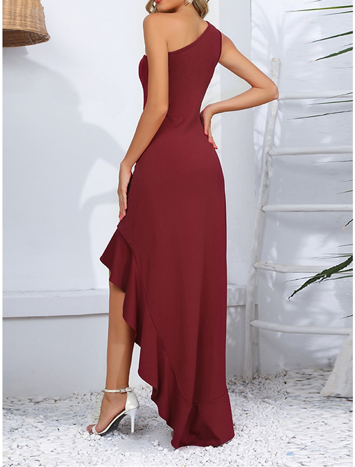 Women's Black Dress Prom Dress Party Dress Long Dress Maxi Dress Black Red Sleeveless Plain Ruffle Summer Spring Fall One Shoulder Party Winter Dress Wedding Guest Birthday