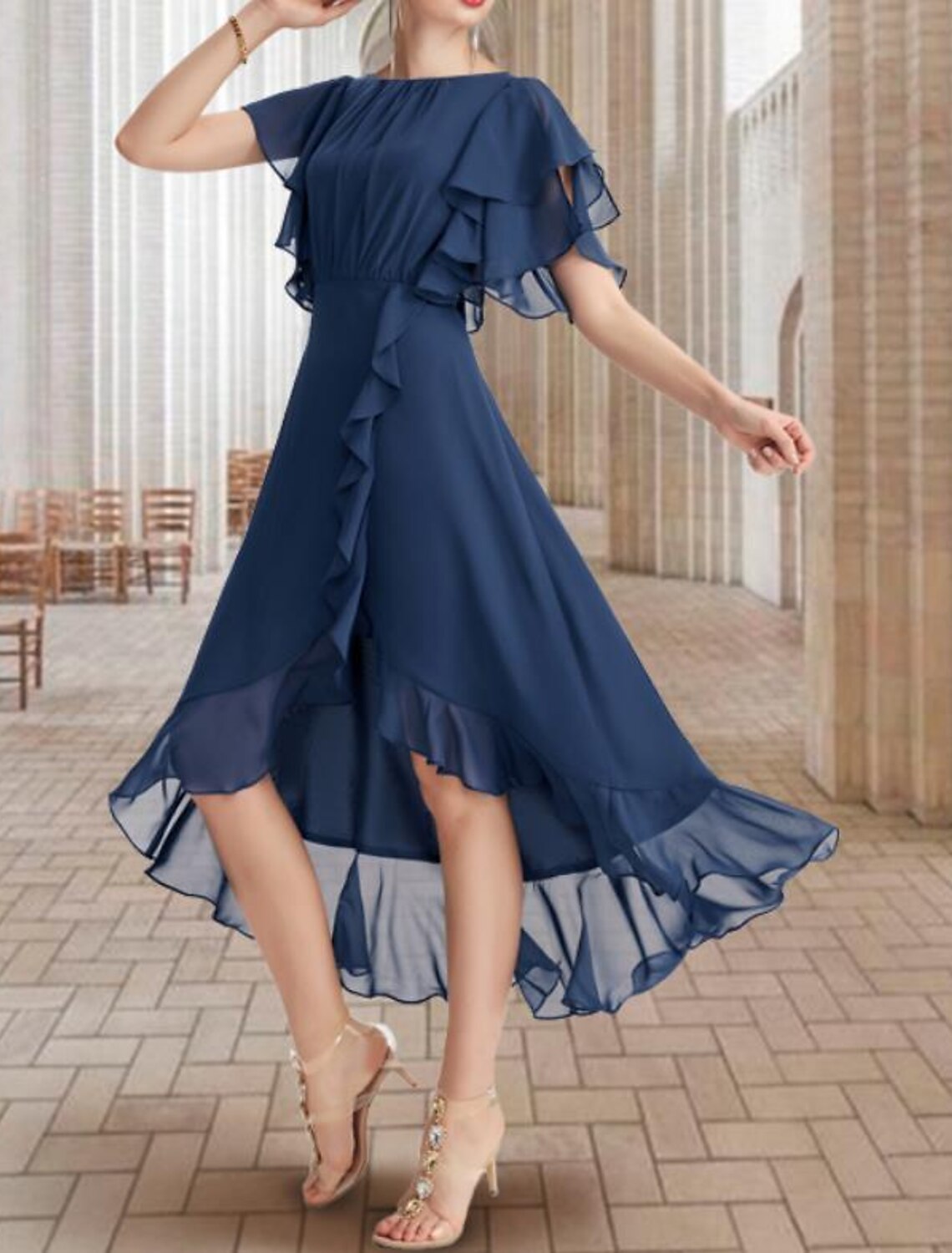 A-Line Mother of the Bride Dress Elegant High Low Jewel Neck Asymmetrical Knee Length Chiffon Short Sleeve with Ruffles