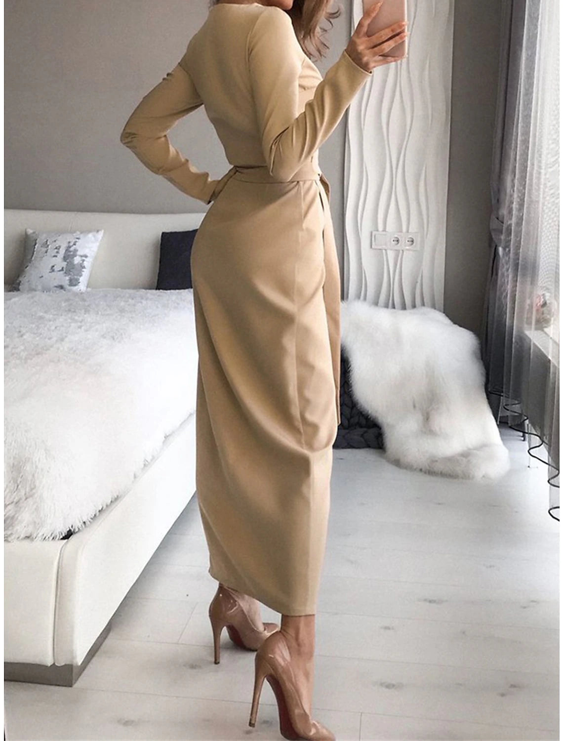 Women's Party Dress Wedding Guest Dress Sheath Dress Long Dress Maxi Dress Black White Khaki Long Sleeve Pure Color Lace up Fall Winter Autumn V Neck Fashion Winter Dress Wedding Guest Birthday