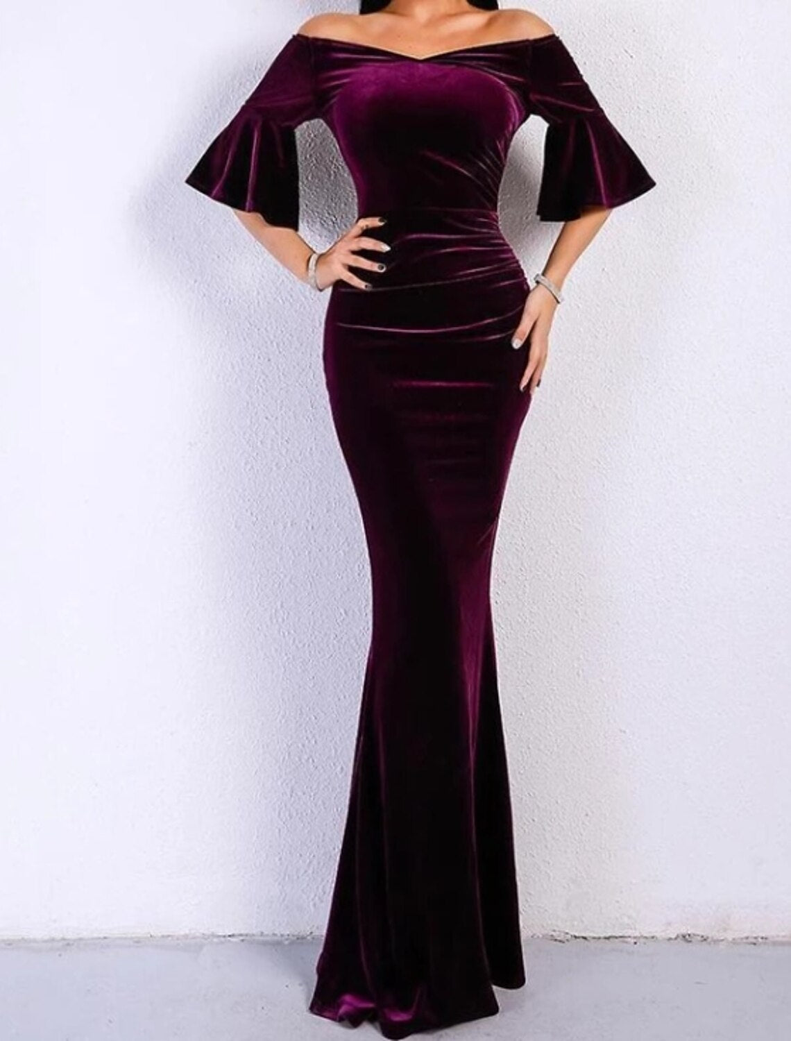 Sheath Party Dress Evening Gown Elegant Dress Formal Evening Floor Length Half Sleeve Off Shoulder Fall Wedding Guest Velvet