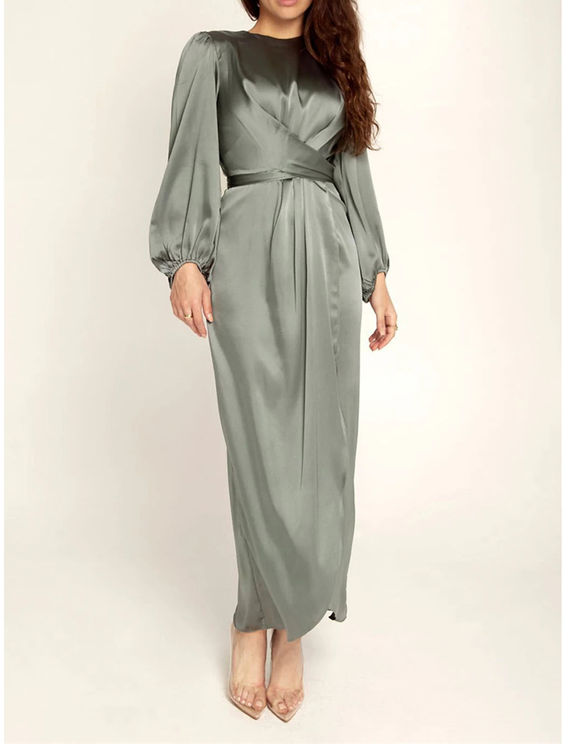 Women's Black Dress Party Dress Satin Dress Midi Dress Black Pink Blue Long Sleeve Pure Color Knot Front Spring Fall Winter Crew Neck Fashion Winter Dress Wedding Guest Birthday