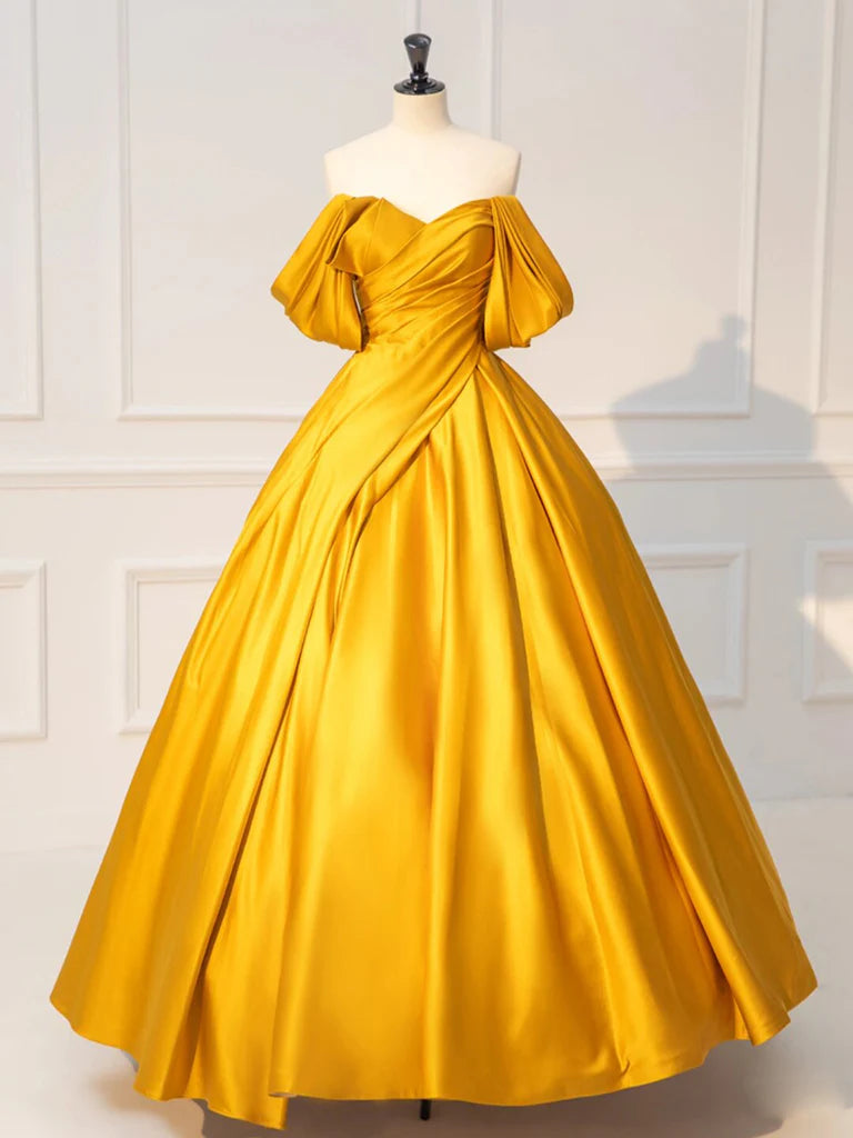 Buyishang A-Line Off Shoulder Yellow Long Prom Dress Yellow Satin Long Evening Dress