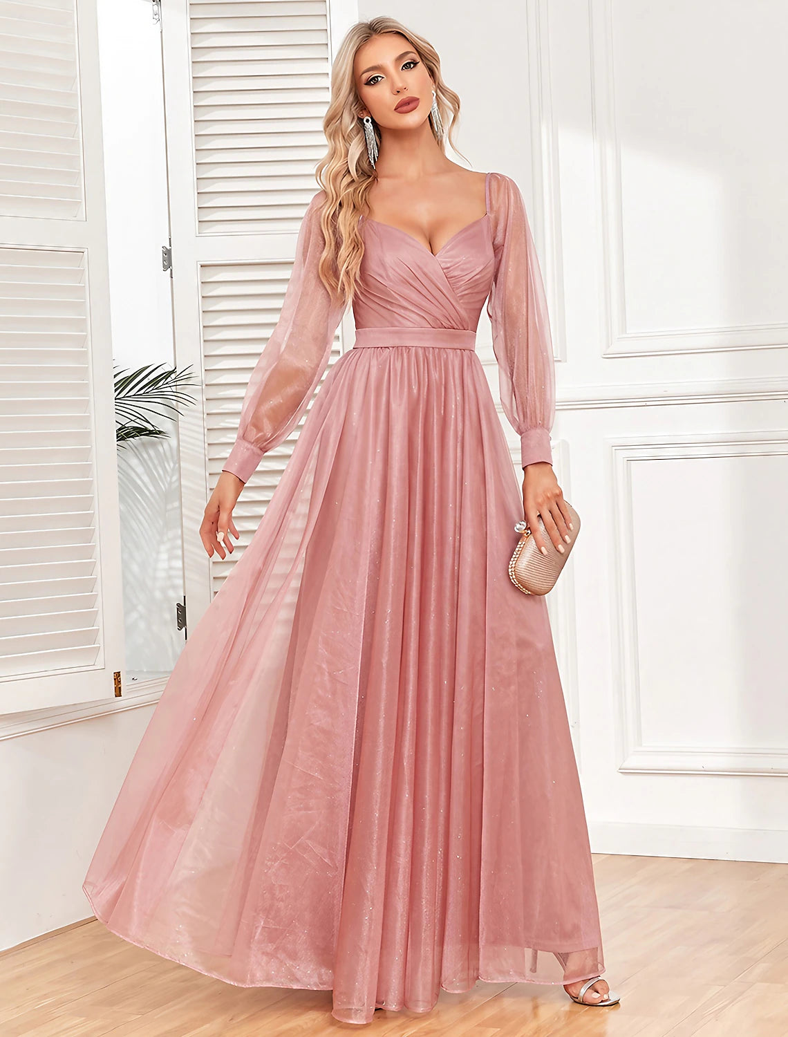 Women's Prom Dress Party Dress Swing Dress Long Dress Maxi Dress Light Red Long Sleeve Pure Color Ruched Summer Spring Fall V Neck Formal Evening Party