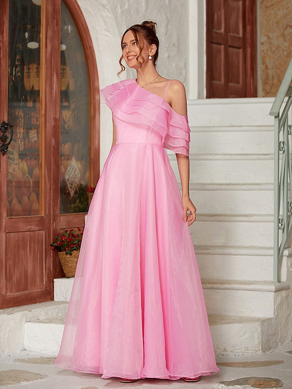 A-Line/Princess Organza Ruffles One-Shoulder Sleeveless Floor-Length Dresses