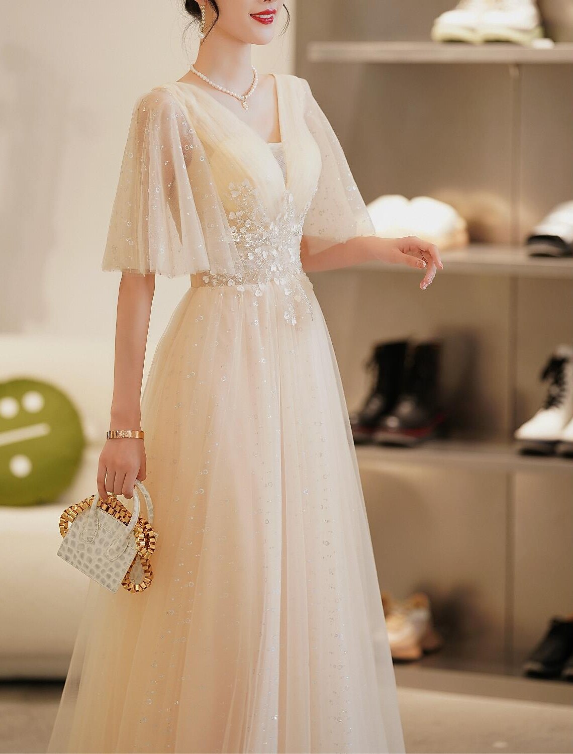 A-Line Prom Dresses Elegant Dress Wedding Guest Prom Floor Length Half Sleeve V Neck Satin with Beading Appliques