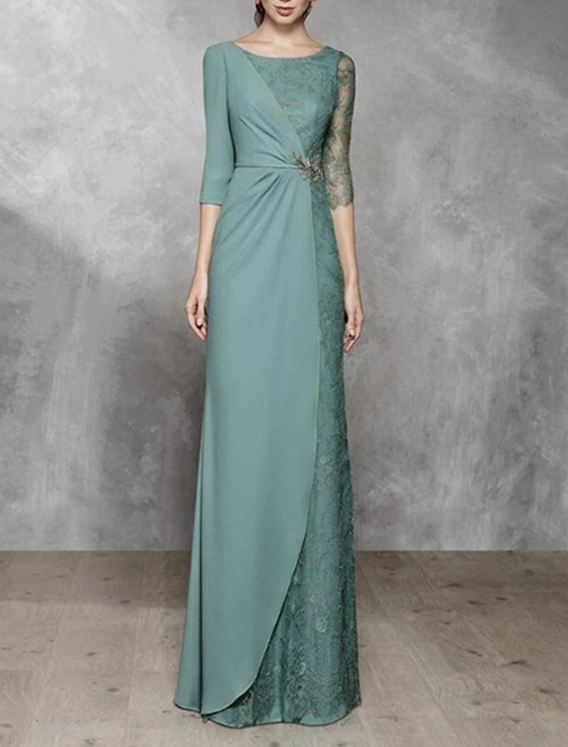 A-Line Mother of the Bride Dress Wedding Guest Elegant Jewel Neck Floor Length Chiffon Lace 3/4 Length Sleeve No with Appliques Color Block