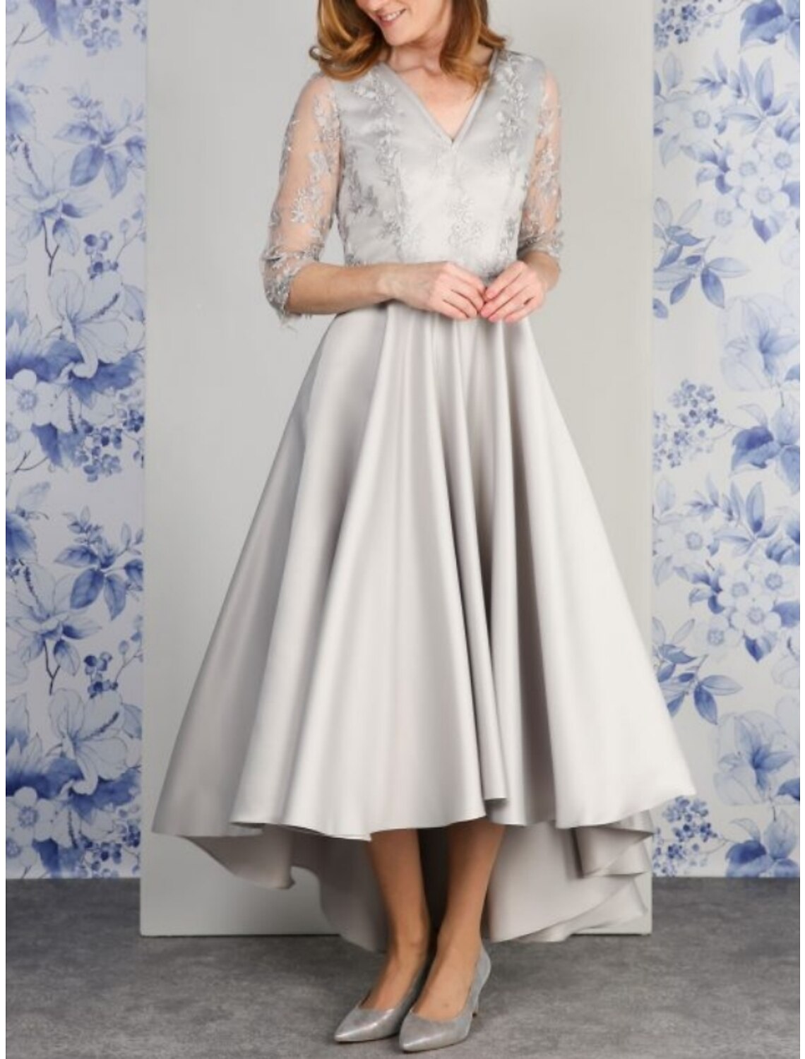 A-Line Mother of the Bride Dress Wedding Guest Elegant V Neck Asymmetrical Ankle Length Satin 3/4 Length Sleeve with Lace Ruching