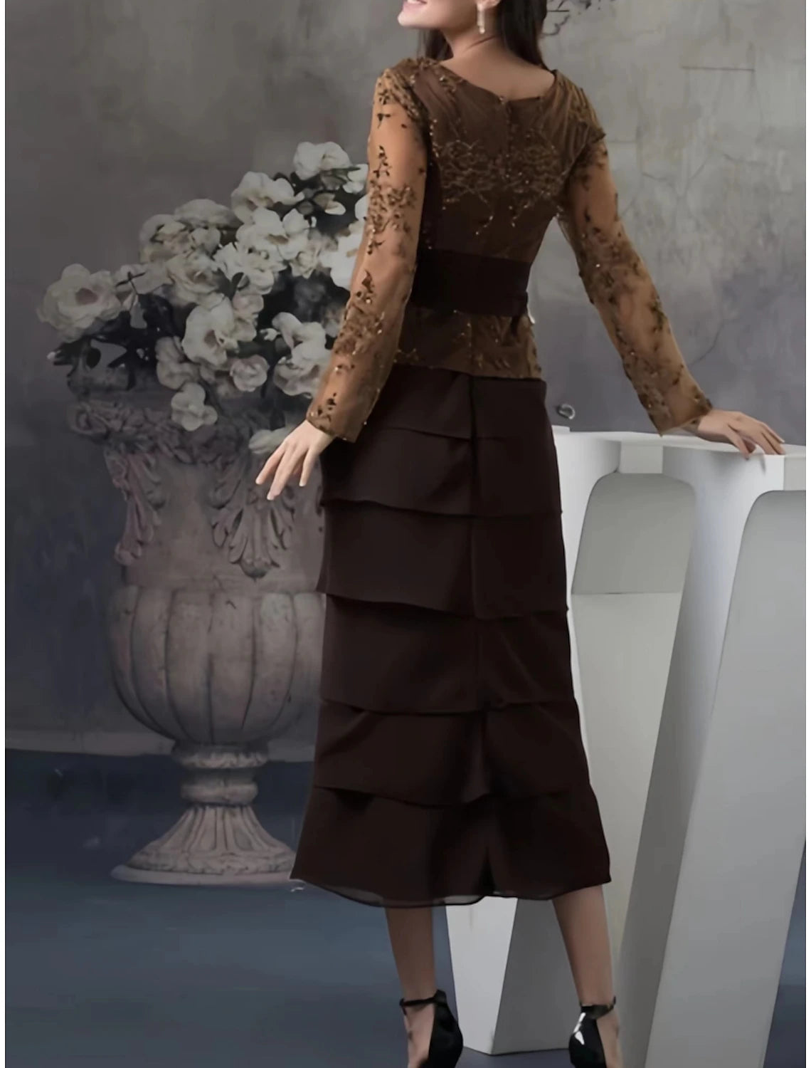 Sheath / Column Mother of the Bride Dress Wedding Guest Elegant Scoop Neck Tea Length Imitated Silk Long Sleeve with Lace Ruffles Tier