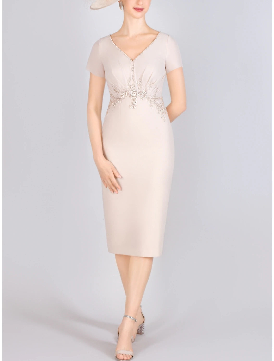 Two Piece Mother of the Bride Dress Wedding Guest Elegant Petite V Neck Knee Length Chiffon 3/4 Length Sleeve with Beading Appliques Ruching