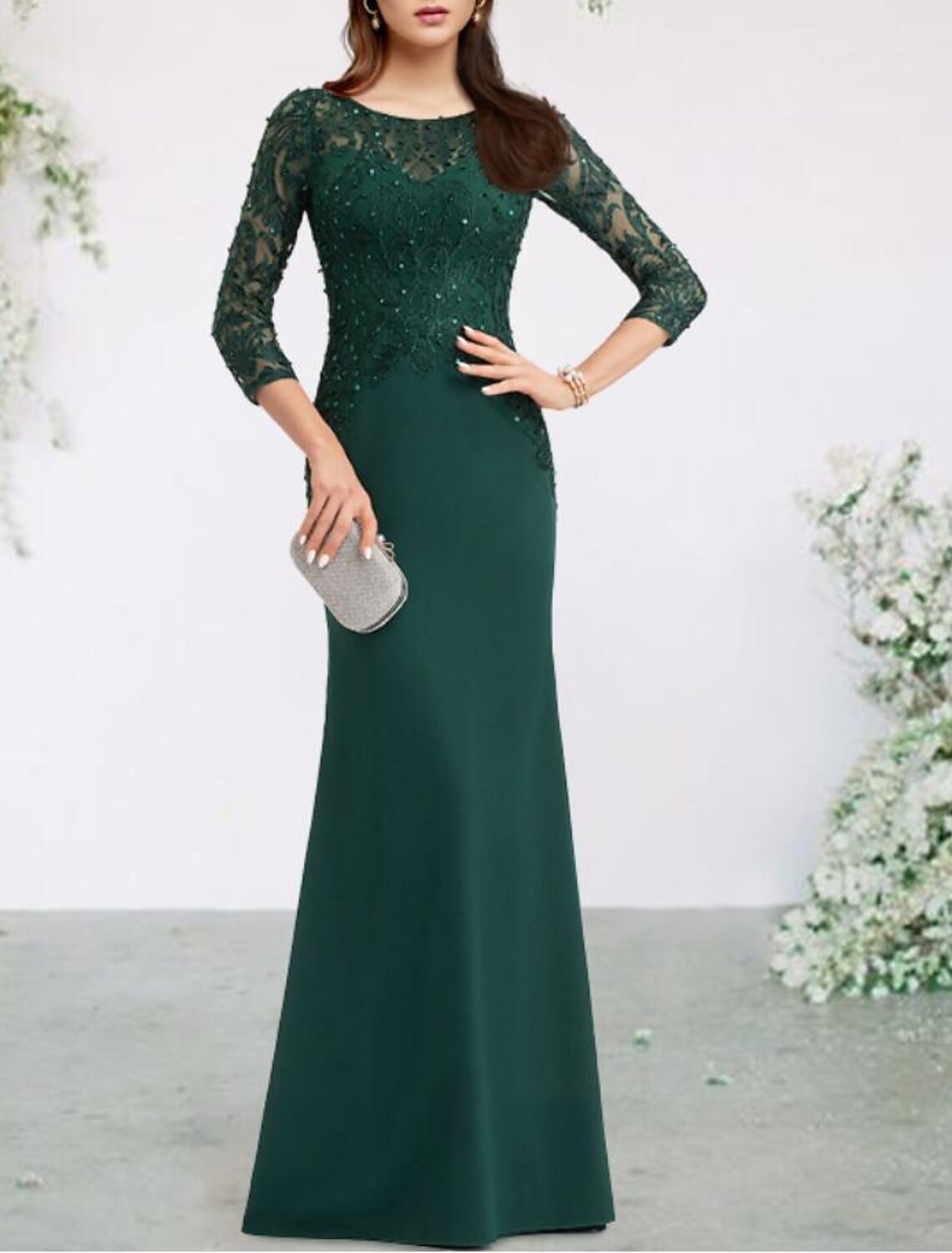 Mermaid / Trumpet Mother of the Bride Dress Elegant Jewel Neck Floor Length Chiffon Lace 3/4 Length Sleeve with Beading Sequin Ruffles