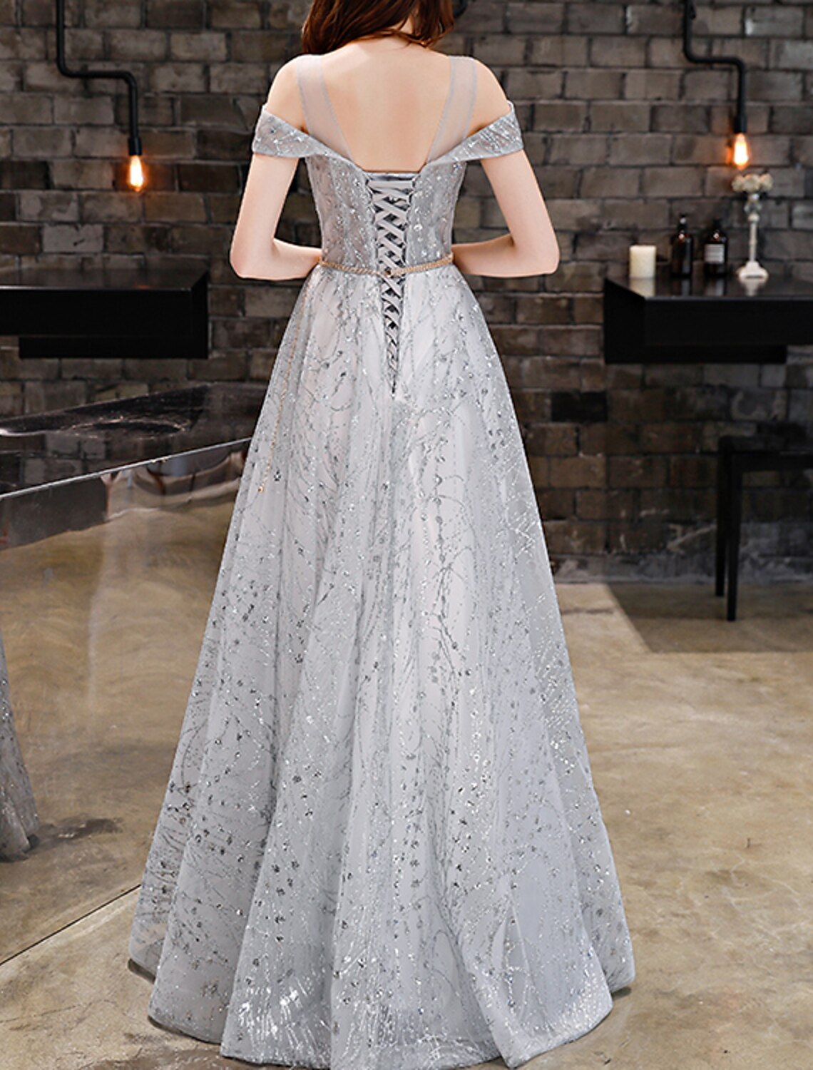 A-Line Sparkle Elegant Prom Formal Evening Dress V Neck V Back Sleeveless Floor Length Lace with Sequin