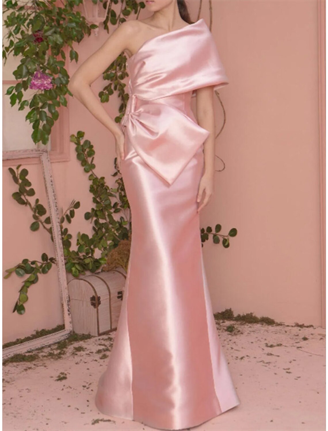 Mermaid / Trumpet Prom Dresses Celebrity Style Dress Engagement Formal Evening Floor Length Short Sleeve One Shoulder Satin with Bow(s)