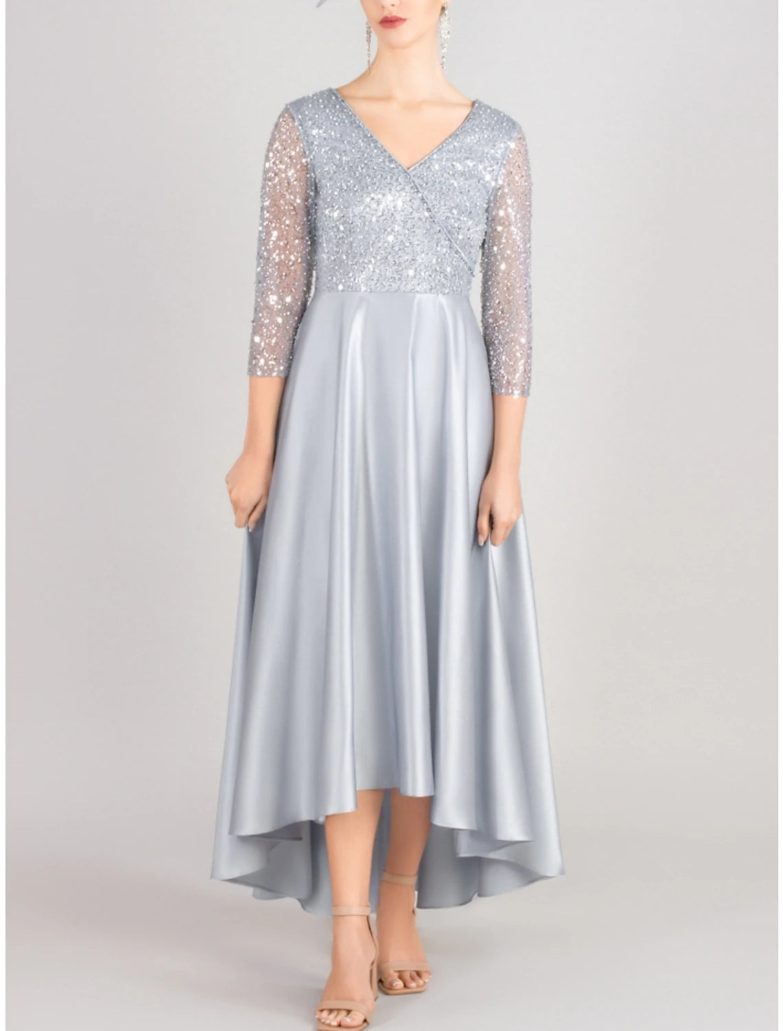 A-Line Mother of the Bride Dress Wedding Guest Elegant V Neck Asymmetrical Satin 3/4 Length Sleeve with Sequin Ruching