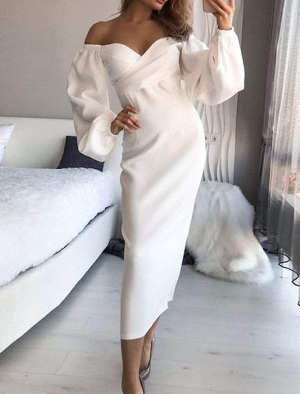 Sheath / Column Cocktail Dresses Elegant Dress Wedding Guest Engagement Tea Length Long Sleeve Sweetheart Fall Wedding Guest Stretch Fabric with Sleek Pure Color