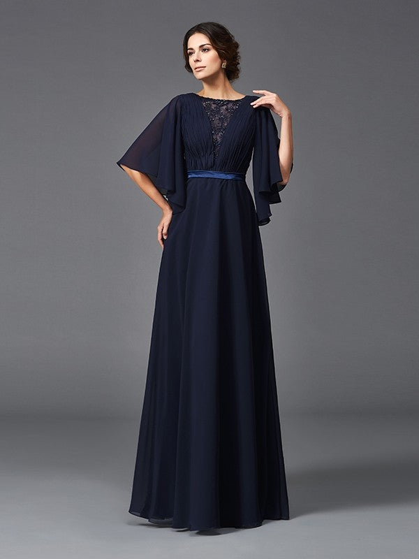 A-Line/Princess Scoop Beading 1/2 Sleeves Long Chiffon Mother of the Bride Dresses
