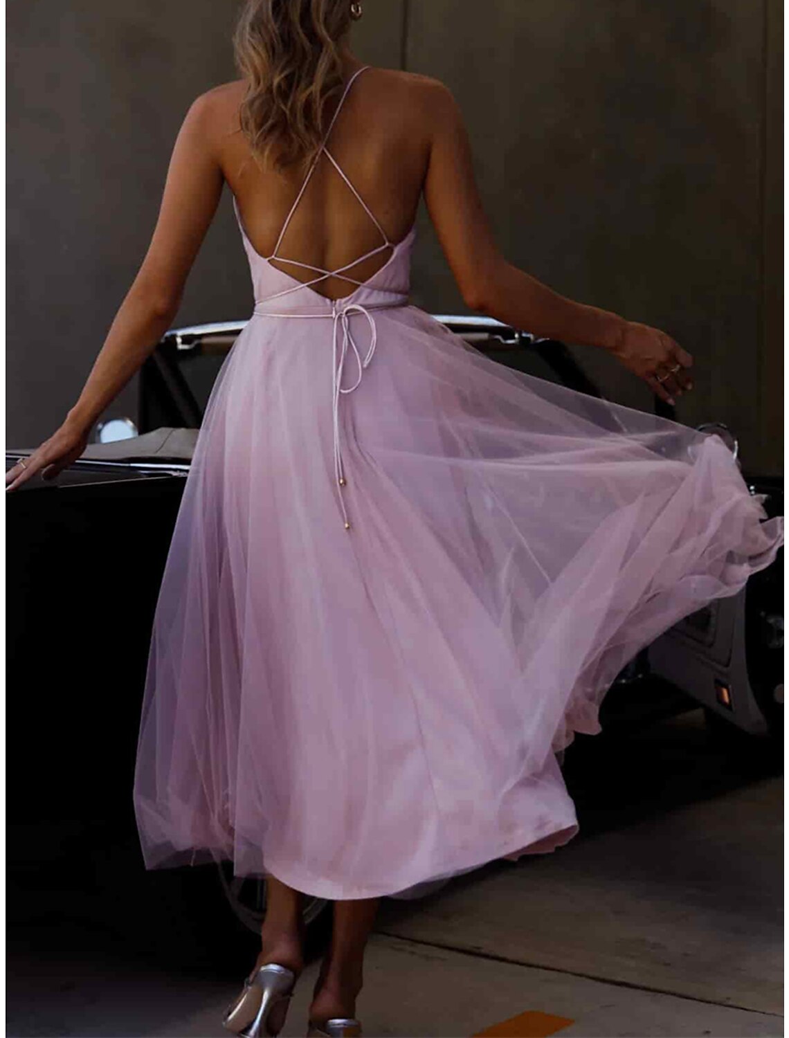 Women's Party Dress Homecoming Dress Wedding Guest Dress Midi Dress Purple Sleeveless Pure Color Mesh Spring Fall Winter Spaghetti Strap Fashion Birthday Wedding Guest Vacation