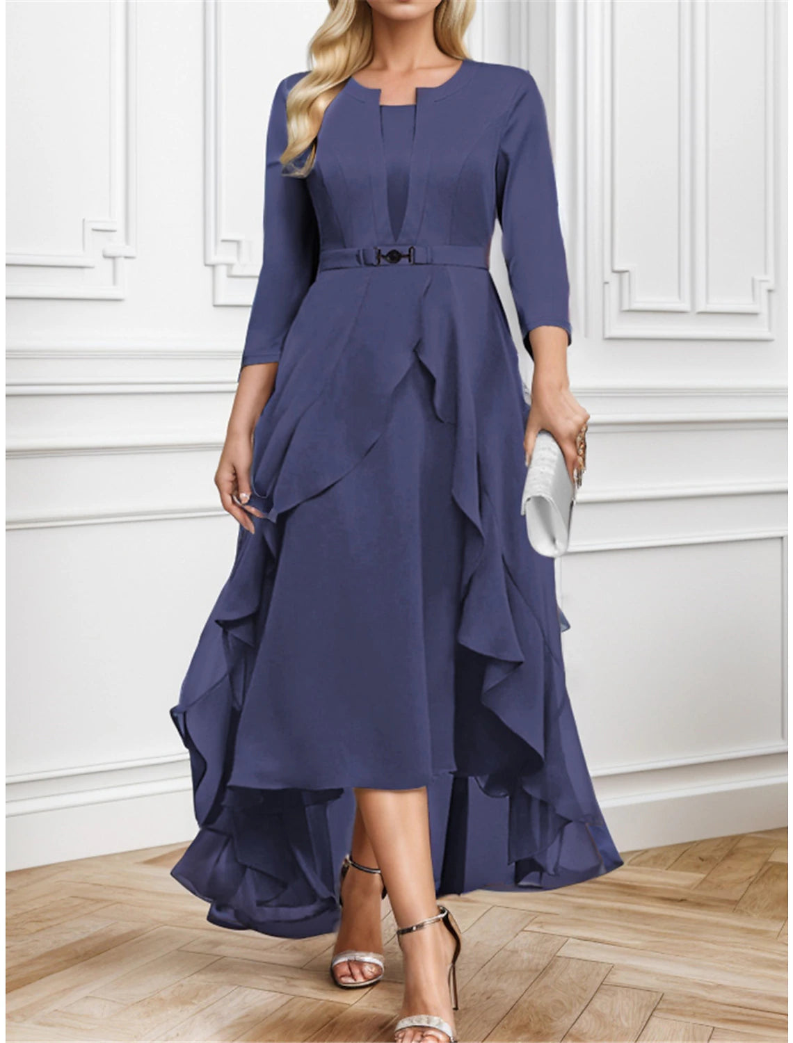 Women's Prom Dress Party Dress Wedding Guest Dress Long Dress Maxi Dress Blue 3/4 Length Sleeve Plain Ruffle Spring Fall Winter Crew Neck Elegant Wedding Guest Evening Party Spring Dress