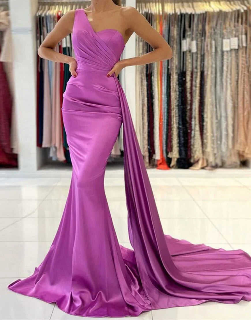 Mermaid One Shoulder  Satin Bridesmaid Dress With Ribbon