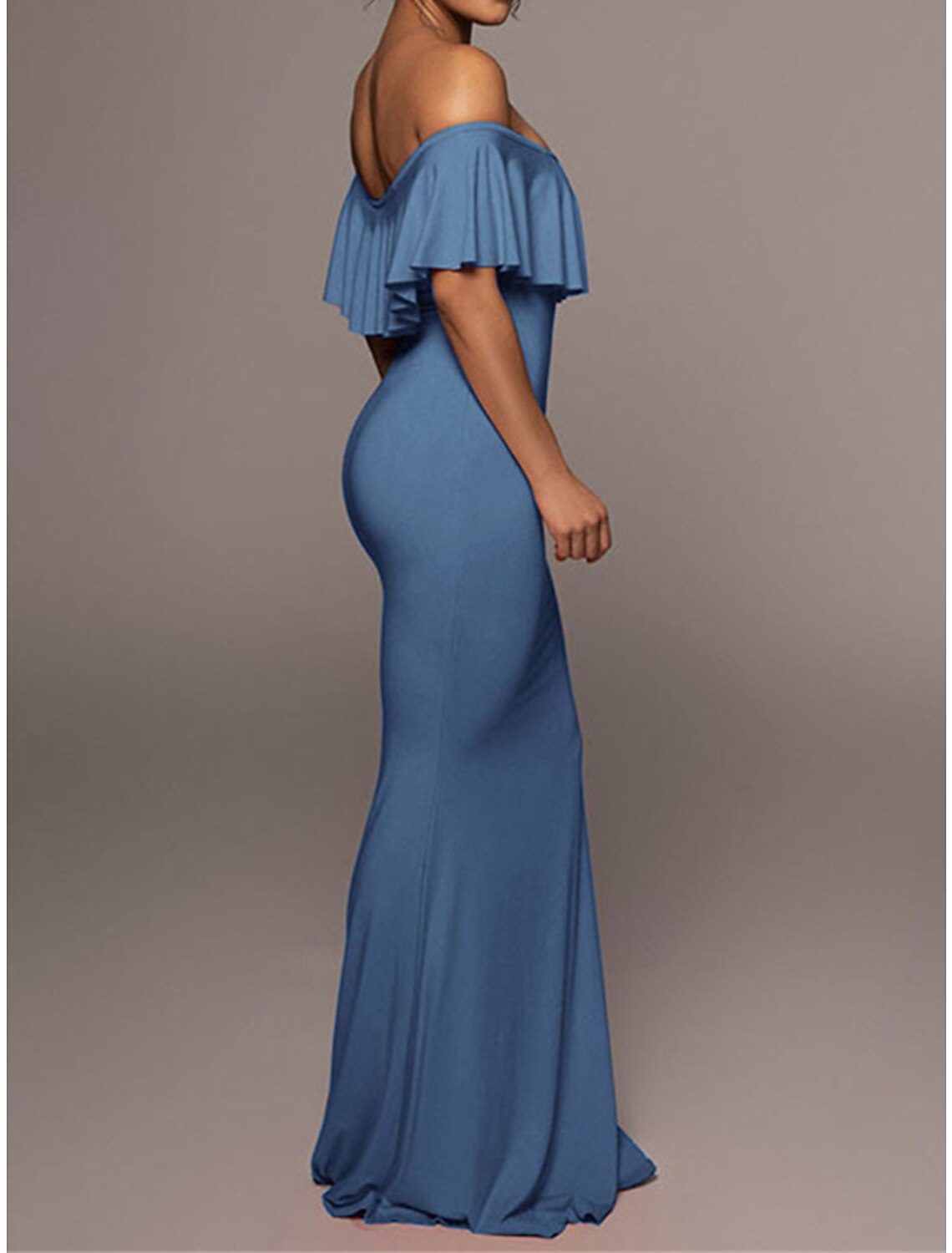 Women's Prom Dress Party Dress Wedding Guest Dress Long Dress Maxi Dress Blue Short Sleeve Pure Color Ruffle Spring Fall Winter Off Shoulder Fashion Wedding Guest Evening Party Vacation