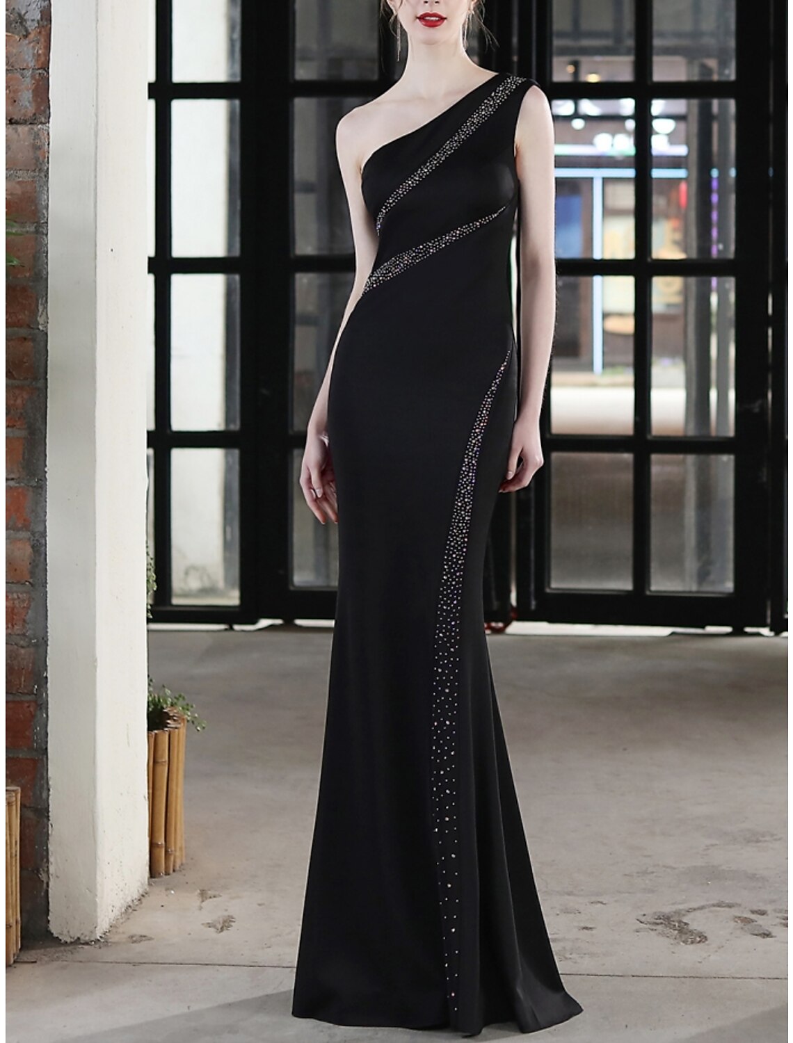 Sheath / Column Evening Gown Elegant Dress Formal Floor Length Sleeveless One Shoulder Spandex with Pleats Sequin