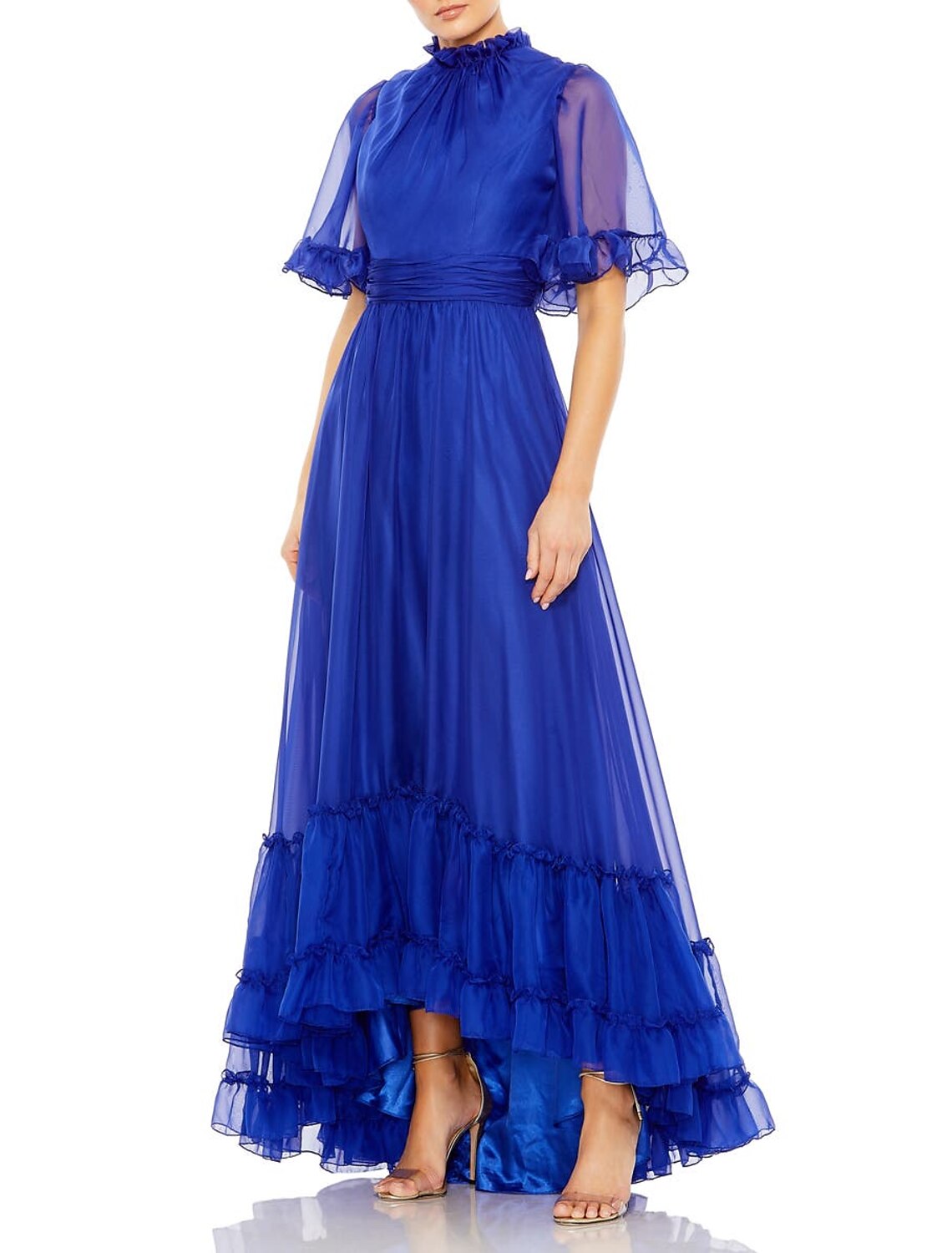 A-Line Evening Gown Elegant Dress Wedding Guest Black Tie Floor Length Short Sleeve High Neck Chiffon with Ruched