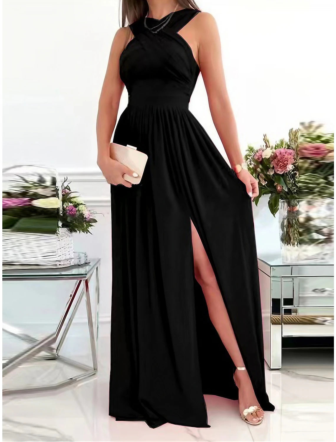 Women's Black Dress Prom Dress Christmas Party Dress Long Dress Maxi Dress Black Wine Red Sleeveless Pure Color Ruched Spring Fall Winter Halter Neck