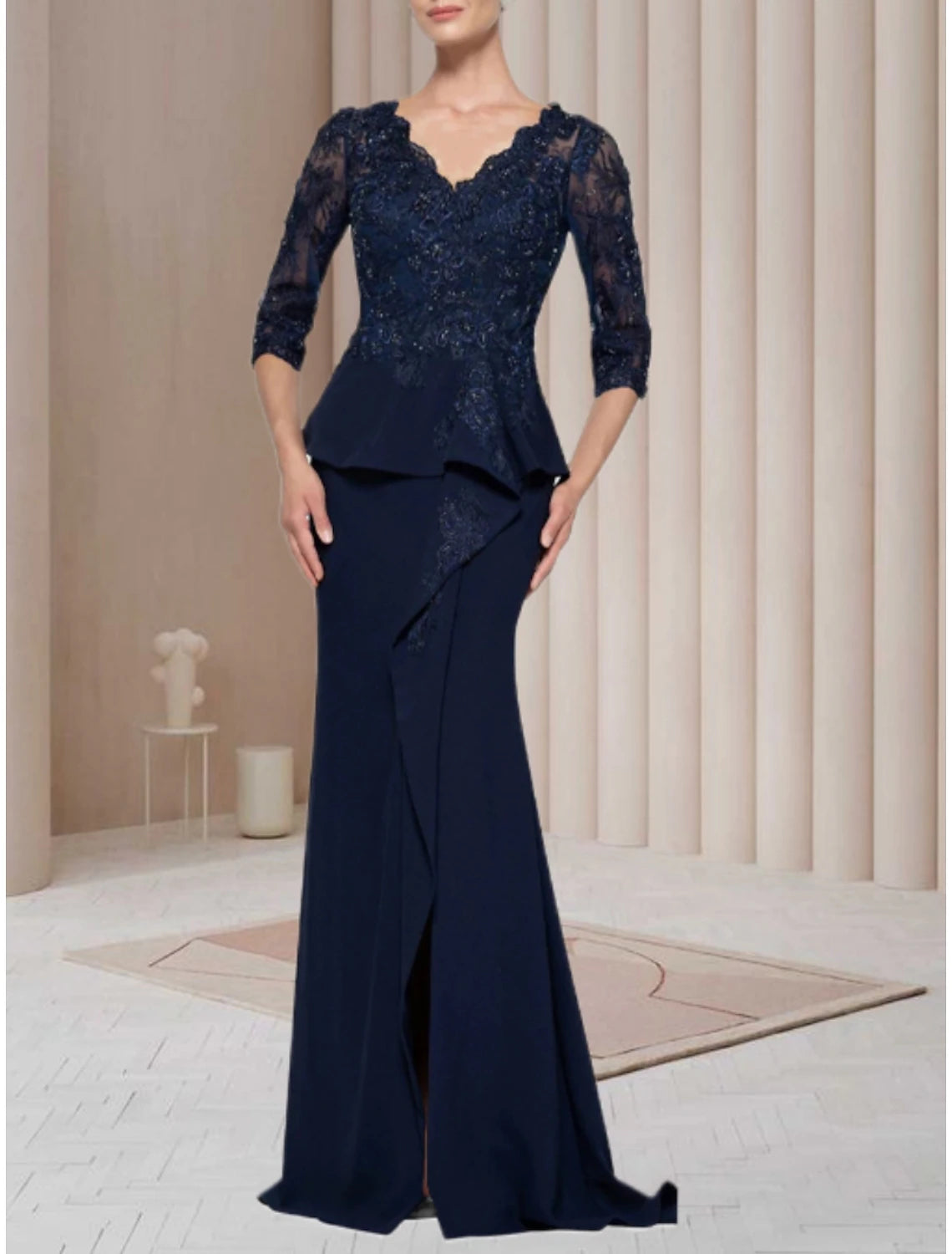 Sheath / Column Mother of the Bride Dress Wedding Guest Elegant V Neck Sweep / Brush Train Stretch Fabric Half Sleeve with Lace Sequin Ruffles