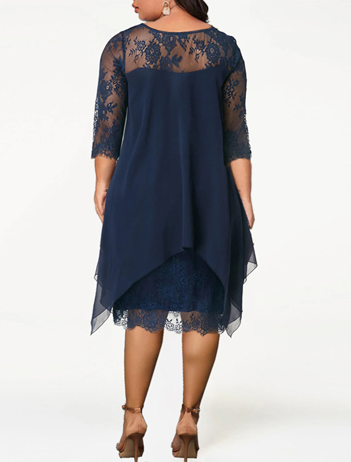 Women's Plus Size Curve Party Dress Solid Color Crew Neck Lace 3/4 Length Sleeve Spring Summer Casual Prom Dress Midi Dress Party Work Dress Lace Dress Homecoming Dress