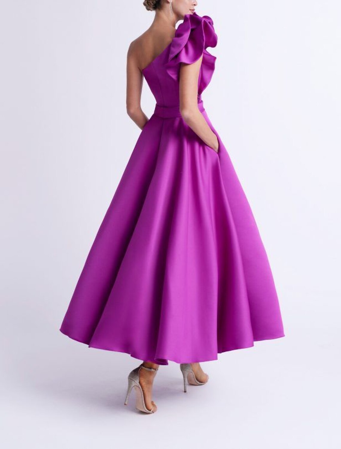 A-Line Cocktail Dresses Elegant Dress Party Wear Wedding Guest Ankle Length Sleeveless One Shoulder  Satin with Ruffles