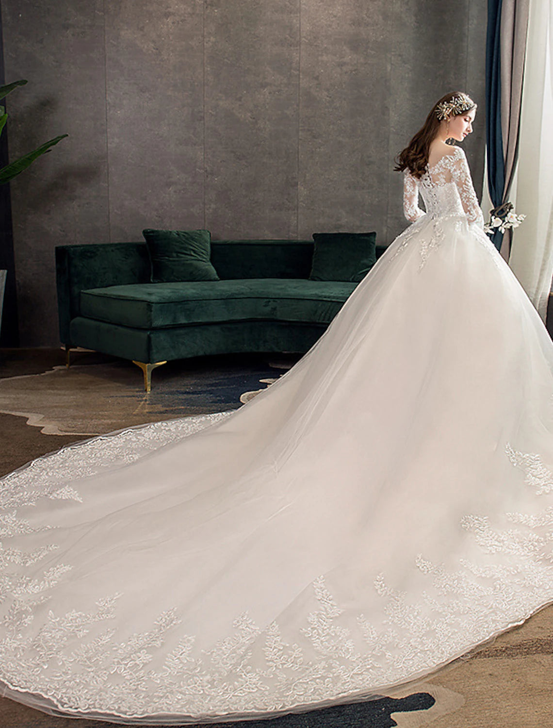 Buyishang Engagement Formal Wedding Dresses Ball Gown Illusion Neck Long Sleeve Cathedral Train Lace Bridal Gowns With Pleats Appliques Fall Wedding