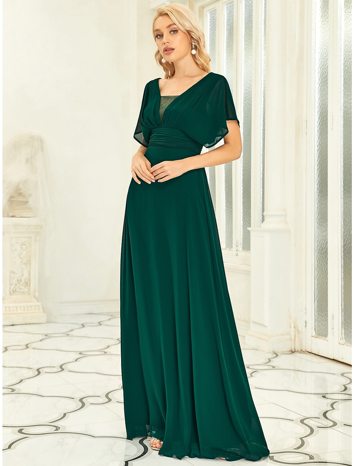 A-Line Elegant Formal Evening Dress V Neck Short Sleeve Floor Length Chiffon with Draping