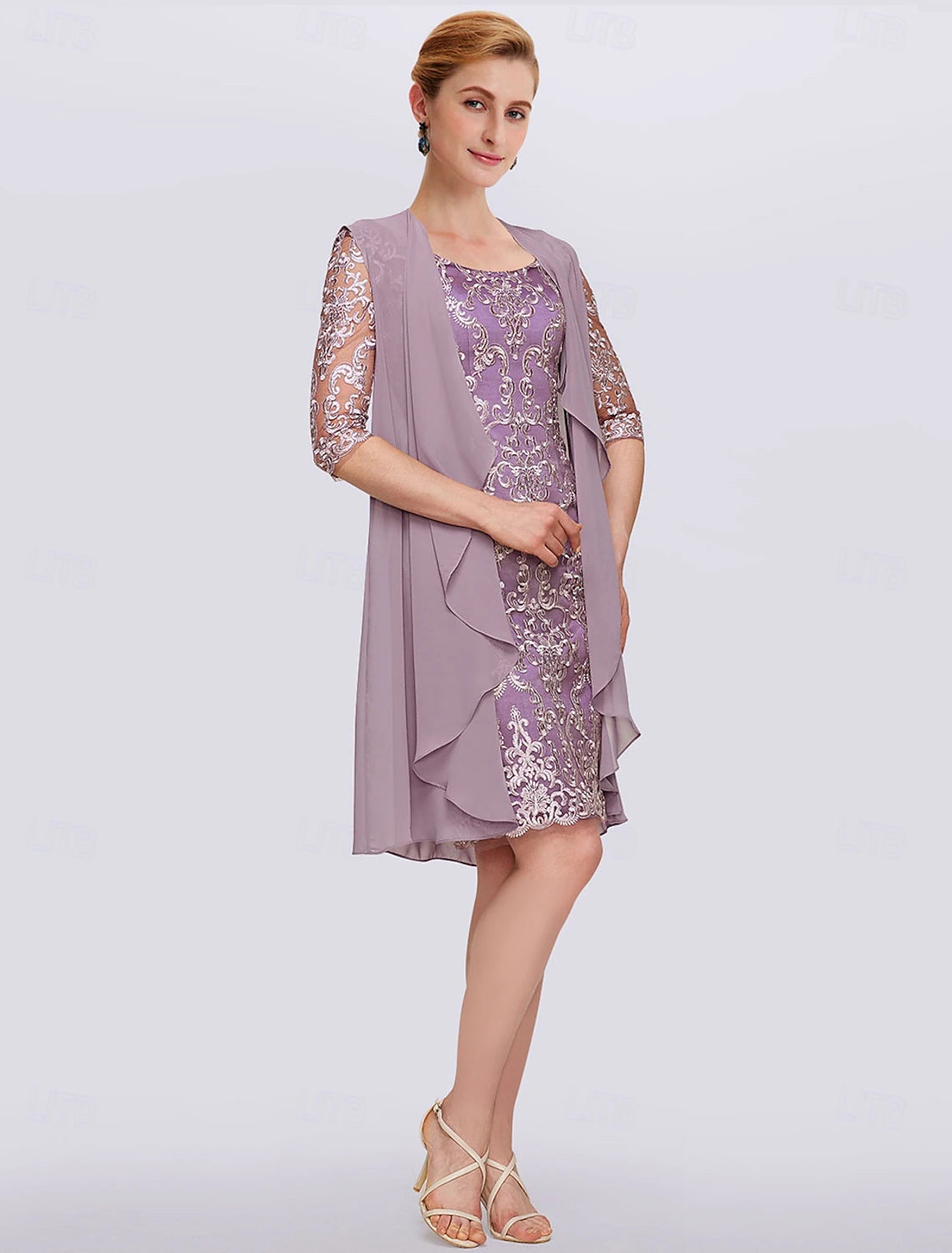 Buyishang Two Piece Sheath Mother of the Bride Dress Elegant Jewel Neck Knee Length Chiffon Lace Half Sleeve Wrap Included Jacket Dresses with Lace free custom size