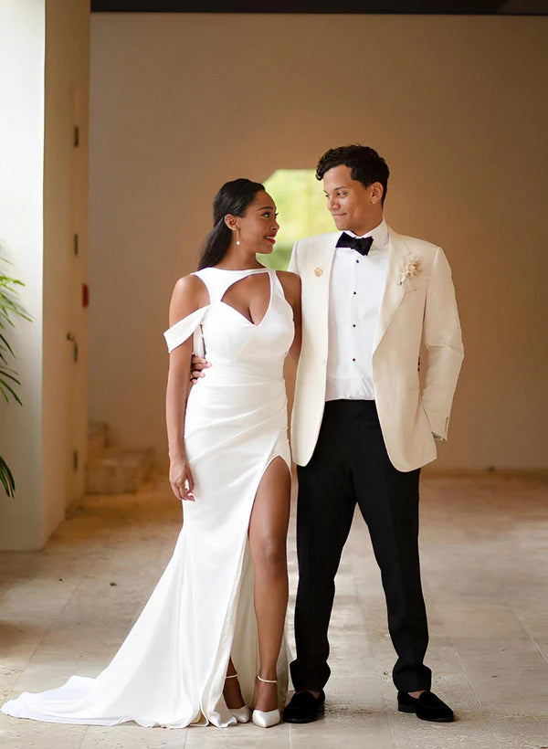 Buyishang Mermaid Sweep Train  Satin Wedding Dresses With Split Front