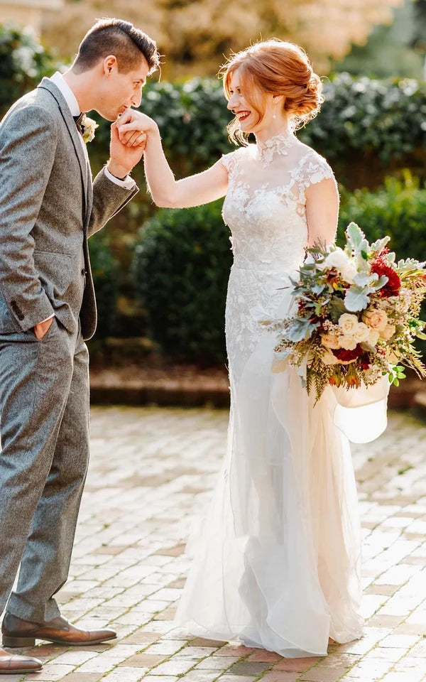 Buyishang Sheath Ethereal Bell Sleeve Garden Wedding Dress Jewel High Neck Tulle Gown for Bridal