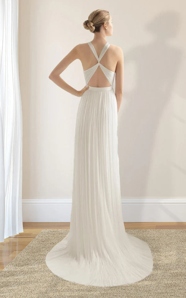 Buyishang Sheath Halter Chiffon Plaited Dress With Special Back Design