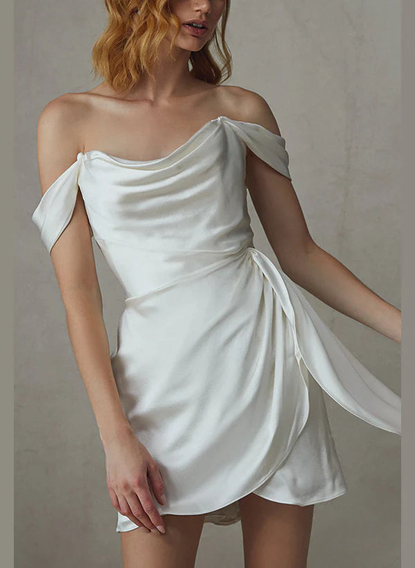 Buyishang Sheath Off-The-Shoulder Short Mini Silk Like Satin Wedding Dresses