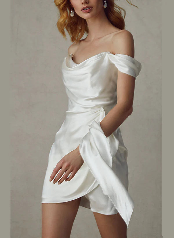 Buyishang Sheath Off-The-Shoulder Short Mini Silk Like Satin Wedding Dresses